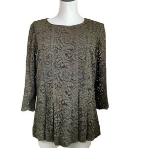 Doncaster Collection Olive‎ Green Floral Lace 3/4 Sleeve Peplum Blouse Top